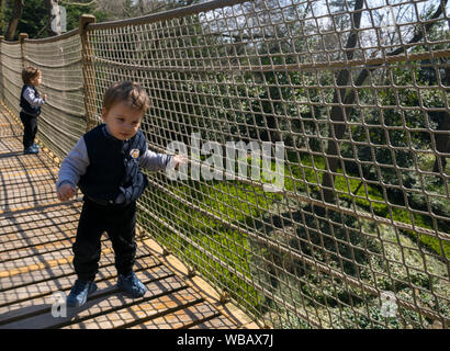 Child walking on the suspension bridge Stock Photo
