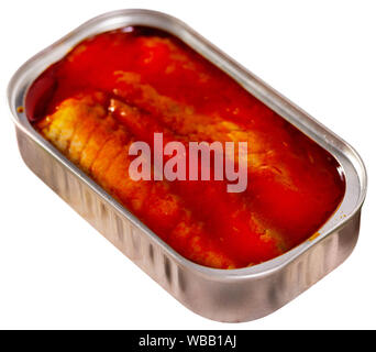 Canned sea fish, mackerel fillets in tomato. Isolated over white background Stock Photo