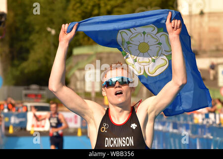 Karlovy Vary, Czech Republic. 25th Aug, 2019. Samuel Dickinson (pictured) of Great Britain, won the Triathlon World Cup men's race in Karlovy Vary, Czech Republic, August 25, 2019, followed by Raphael Montoya of France and British Grant Sheldon. Credit: Slavomir Kubes/CTK Photo/Alamy Live News Stock Photo