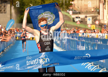 Karlovy Vary, Czech Republic. 25th Aug, 2019. Samuel Dickinson (pictured) of Great Britain, won the Triathlon World Cup men's race in Karlovy Vary, Czech Republic, August 25, 2019, followed by Raphael Montoya of France and British Grant Sheldon. Credit: Slavomir Kubes/CTK Photo/Alamy Live News Stock Photo