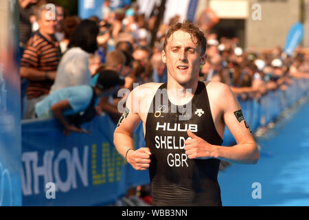 Karlovy Vary, Czech Republic. 25th Aug, 2019. Samuel Dickinson of Great Britain, won the Triathlon World Cup men's race in Karlovy Vary, Czech Republic, August 25, 2019, followed by Raphael Montoya of France and British Grant Sheldon (pictured). Credit: Slavomir Kubes/CTK Photo/Alamy Live News Stock Photo