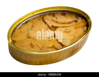 Closeup of open can of tuna preserves in oil. Isolated over white background Stock Photo