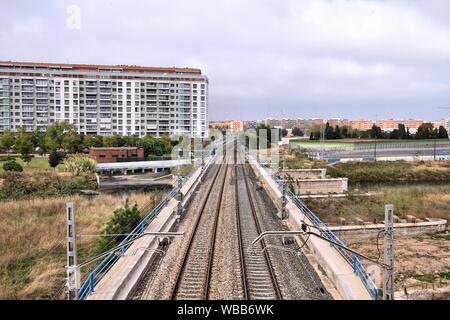 Railroad tracks in Spain. Spanish transportation infrastructure in Valencia. Stock Photo