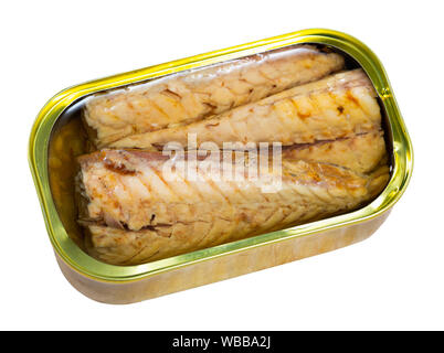Open can of mackerel fillets preserves in sunflower oil. Isolated over white background Stock Photo