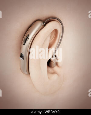 Generic hearing aid around the ear. 3D illustration. Stock Photo