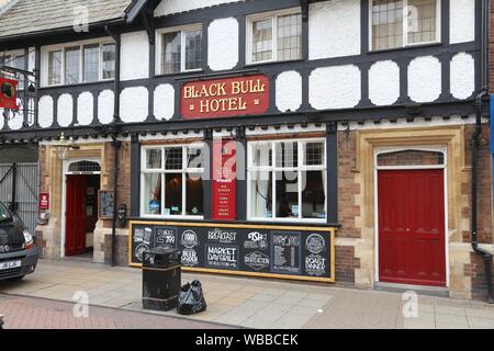 DONCASTER, UK - JULY 12, 2016: Pub in Market Place in downtown Doncaster, UK. It is one of largest towns in South Yorkshire, with population of 109,80