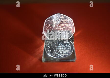 Peter Pan 50p with mirror reflection and colourful background. Stock Photo