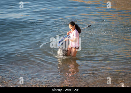 Hastings, East Sussex, UK. 26th Aug, 2019. On another very hot day in Hastings a girl scoops up huge net fulls of whitebait driven onshore by mackerel chasing them into the shallows. Credit: Carolyn Clarke/Alamy Live News Stock Photo