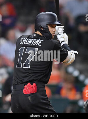 Shohei Ohtani of the Los Angeles Angels bats against the Houston Astros  during the Major League Baseball game Players Weekend at Minute Maid Park  on August 25, 2019 in Houston, United States.