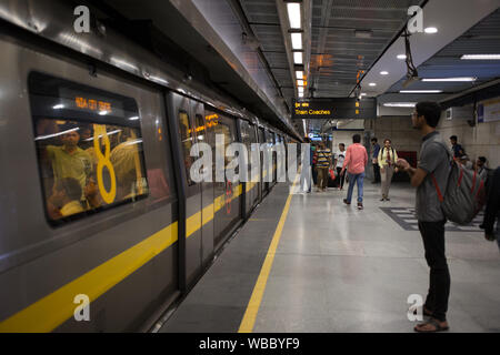 New Delhi, India - August 10, 2019: Delhi Metro train at station in New Delhi Stock Photo