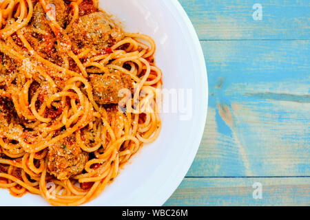 Italian Style Spaghetti with Meatballs in Tomato Sauce Stock Photo