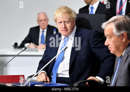 BIARRITZ, FRANCE - AUGUST 26: British Prime Minister Boris Johnson attends the final day of the G7 Summit on August 26, 2019 in Biarritz, France. The French southwestern seaside resort of Biarritz is hosting the 45th G7 summit from August 24 to 26. High on the agenda will be the climate emergency, the US-China trade war, Britain's departure from the EU, and emergency talks on the Amazon wildfire crisis. (Photo by Pool - Jeff J Mitchell/Getty Images) Stock Photo