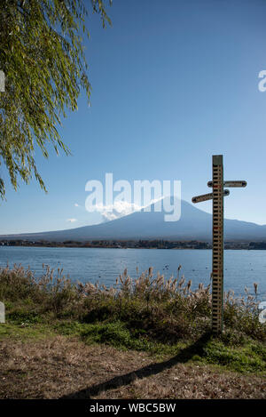 Water level indicator on Lake Kawaguchi, Japan. Stock Photo