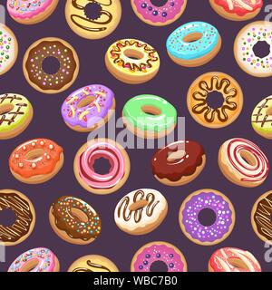 Cartoon donut background. Assorted donuts food seamless pattern, colour ring donutes with sugar sprinkles vector image for gourmet kitchen decoration Stock Vector