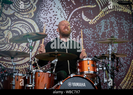 Trondheim, Norway. 3rd, June 2018. The American metalcore band Killswitch Engage performs a live concert during the Norwegian music festival Trondheim Rocks 2018. Here drummer Justin Foley is seen live on stage. (Photo credit: Gonzales Photo - Tor Atle Kleven). Stock Photo