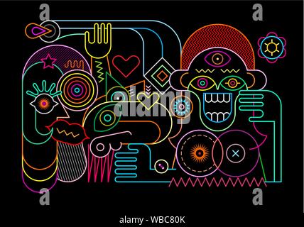 Neon colors on a black background Surprised Woman and Her Friends vector illustration. Abstract modern art. Stock Vector