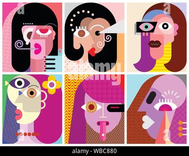 Six portraits contemporary abstract art vector illustration. Design of six different avatars. Stock Vector