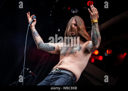 Trondheim, Norway. 3rd, June 2018. The Norwegian heavy metal band Kvelertak performs a live concert during the Norwegian music festival Trondheim Rocks 2018 in Trondheim. Here vocalist Erlend Hjelvik is seen live on stage. (Photo credit: Gonzales Photo - Tor Atle Kleven). Stock Photo