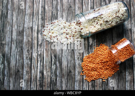 zero waste food products on wooden background table. Earthy tones, zero waste and plastic free concept Stock Photo