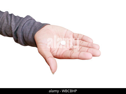 pills in hand male isolated on white background and clipping path. Stop drug use concept Stock Photo