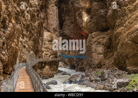 Blue walking net, Gletscherschlucht, White Lütschine river gorge,  Grindelwald, Switzerland, Europe.