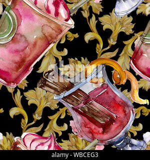 Alcoholic bar party cocktail drink. Watercolor background isolated illustration set. Seamless background pattern. Stock Photo