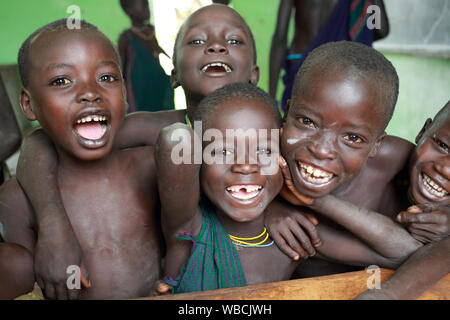 Students of the Suri tribe in a primary school in South Omo, Ethiopia. Stock Photo