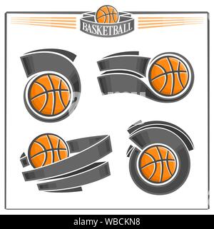 Vector logo for vintage emblems with orange basketball balls and black ribbons for text, isolated on white background. Stock Vector