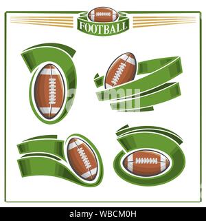 Vector logo for American football balls with green ribbons for text, isolated on white background. Stock Vector