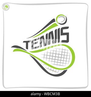 Vector illustration of logo for racket of lawn tennis, consisting of isolated tennis racquet with green ball closeup on white background Stock Vector