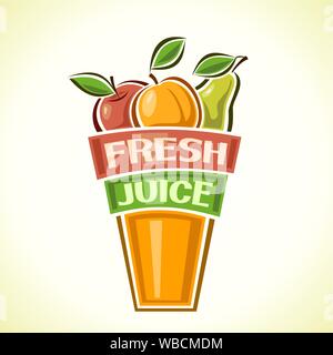 Vector illustration for glass cup with fruit Fresh Juice from red apples with green leaves, pears and apricot fruits, still life composition, pear in Stock Vector