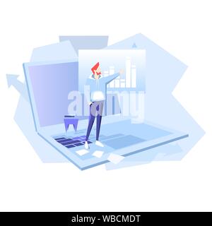 Teamwork business vector flat illustration. Man point on chart. Banner logo template for the website or app infographic. Stock Vector