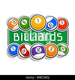 Abstract vector composition of logo for fun multicolored balls of billiards pool with inscription, closeup on white background. Stock Vector