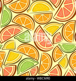 Vector background seamless pattern, citrus slices, consisting of juicy ripe pieces of green lime, pink grapefruit, yellow lemon and orange tangerine, Stock Vector