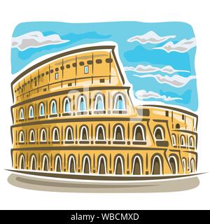 Vector illustration of Coliseum in Rome on blue sky background with clouds. Roman arena for gladiatorial fights. Stock Vector