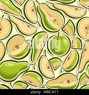 Vector fruit seamless pattern, illustration on theme green slices apples and pears, consisting of juicy ripe green fruits. Stock Vector