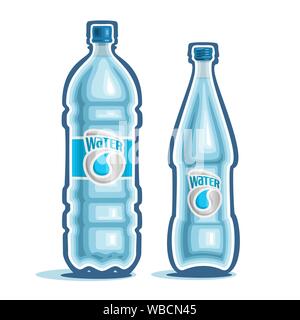 Vector illustration on theme of bottled water, consisting of closed plastic bottle of drinking water, and glass bottle with pure mineral water on whit Stock Vector