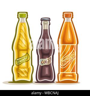 Vector illustration on theme of carbonated drinks, consisting of three closed glass bottles with soda beverages on white background. set of bottles fo Stock Vector