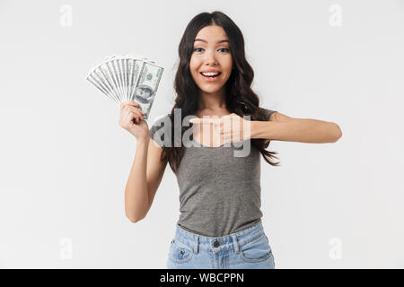 Photo Of Lucky Excited Lady Dressed Sweater Sitting Table Rising Fists 