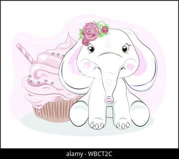 the lovely drawn baby elephant calf,with flower rose and cupcake , Happy birthday card Stock Vector