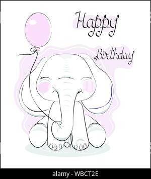 the lovely drawn baby elephant calf, blindly, with balloon, Happy birthday card Stock Vector