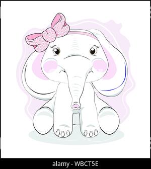 the lovely drawn baby elephant calf wiht the pink bow, Happy birthday card Stock Vector