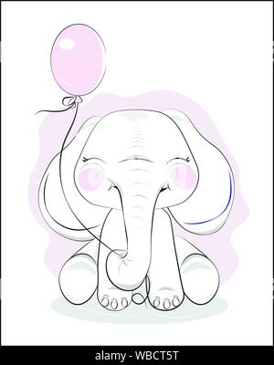 the lovely drawn baby elephant calf, blindly, with balloon Stock Vector
