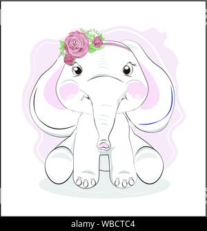the lovely drawn baby elephant calf,with flower rose , Happy birthday card Stock Vector