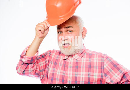 professional skills. build and construction. professional repairman in helmet. architect repair and fix. engineer worker career. mature bearded man in hard hat. man builder isolated on white. Stock Photo