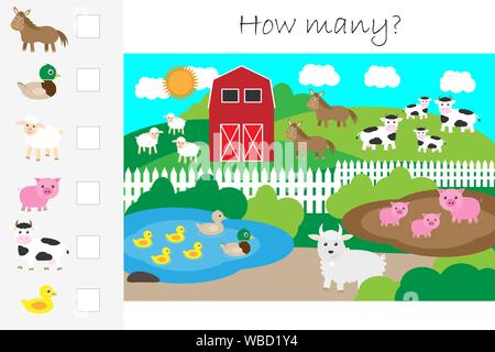 How many counting game, farm with animals for kids, educational maths task for the development of logical thinking, preschool worksheet activity, coun Stock Vector