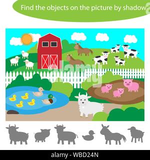 Find the objects by shadow, game for children farm with animals in cartoon style, education game for kids, preschool worksheet activity, task for the Stock Vector