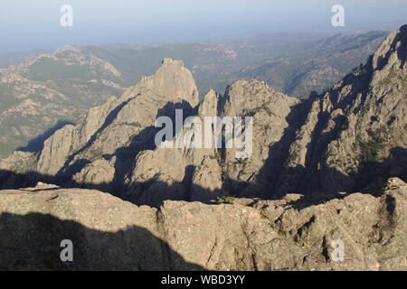 Aiguilles de Bavella from Punta Velaco, evening, France, Corsica Stock Photo