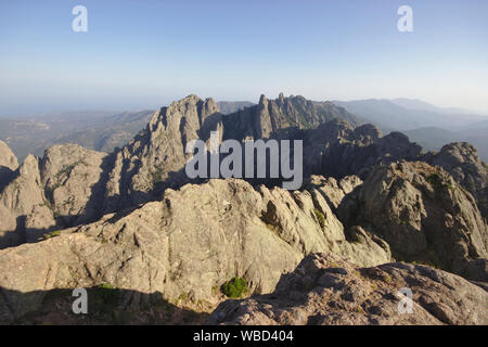 Aiguilles de Bavella from Punta Velaco, evening, France, Corsica Stock Photo