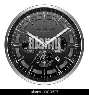 Realistic black silver clock watch face chronograph luxury on white background vector illustration. Stock Vector